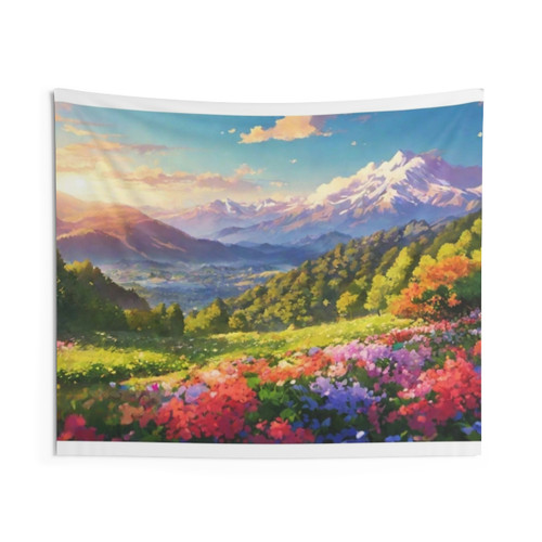 Floral Mountain Anime Landscape Tapestry