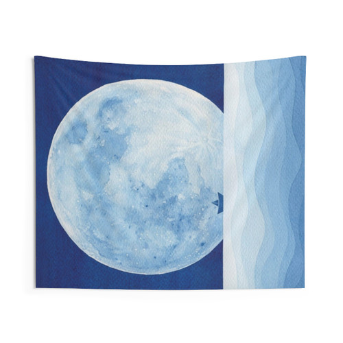 Watercolor Full Moon & Paper Boat Tapestry