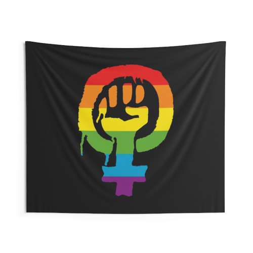 Raised Fist Feminist Tapestry with LGBTQ+ Pride Flag