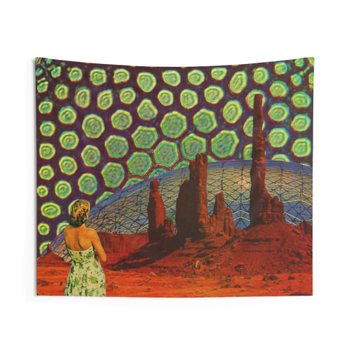 Retro sci-fi archibiotic tapestry with psychedelic and surreal elements