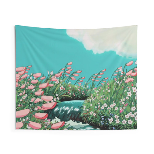 Pink Anime Flowers Landscape Tapestry