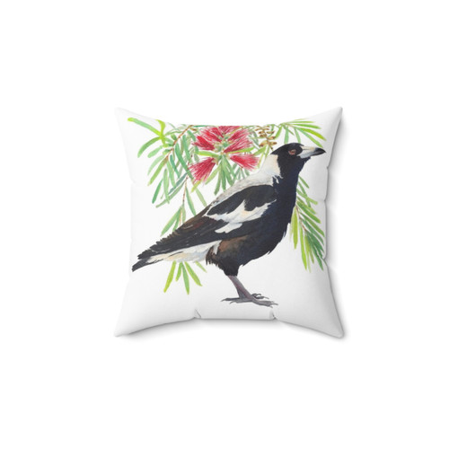 Australian Magpie and Bottlebrush Tree Branch Watercolor Decorative Pillow