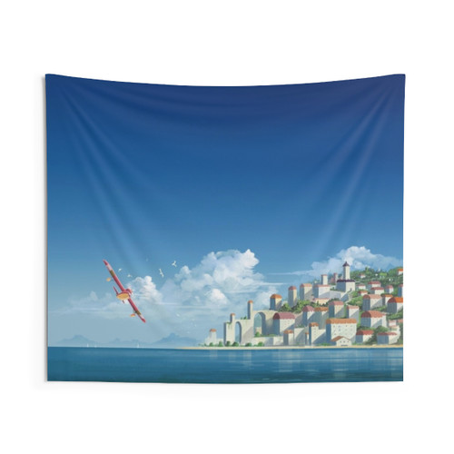 Red bird and coastal city fantasy tapestry