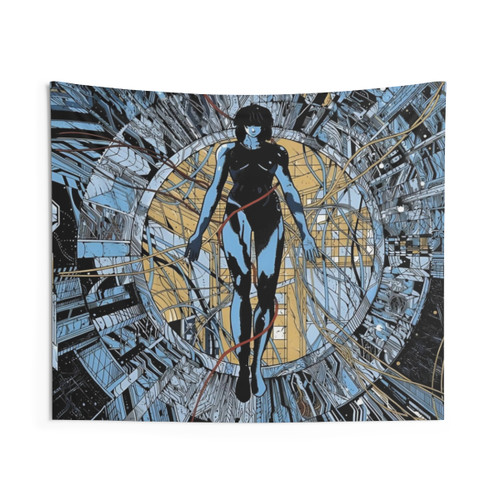 Cyberpunk Anime Tapestry Featuring Ghost in the Shell Characters