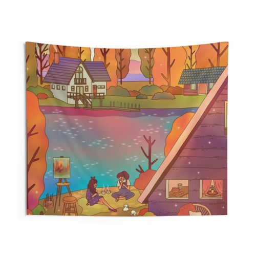 Cozy Autumn Tapestry with Whimsical Illustration