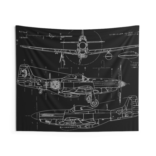 P-51 Concept Blueprints Tapestry - WW2 Fighter Plane Art