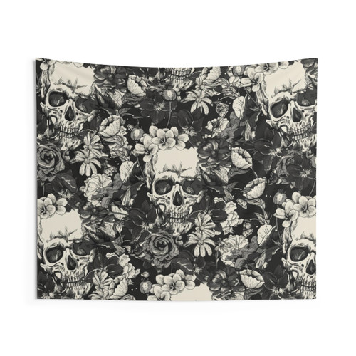 Skulls Tapestry - Gothic Wall Hanging with Floral Skull Pattern
