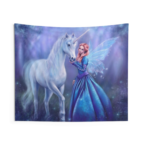 Rhiannon Tapestry featuring magical unicorns and fairies in a forest setting
