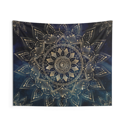 Elegant Gold Mandala Blue Galaxy Tapestry