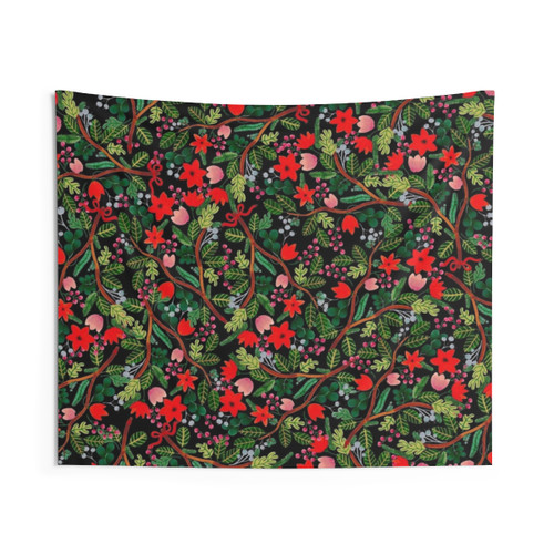 Christmas Floral Pattern Black Tapestry