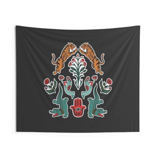 Boho Indian Tapestry with Tiger and Floral Designs