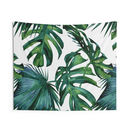 Classic green tropical monstera leaf and palm leaves tapestry