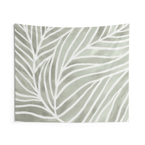 Sage green leaf line art tapestry