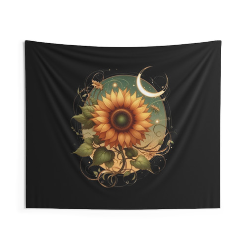 Celestial Sunflower Tapestry with Moon and Stars