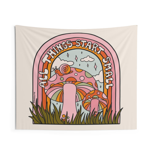 All Things Start Small Vintage Tapestry with snail, mushrooms, and nature elements