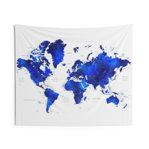 Navy blue and cobalt blue watercolor world map tapestry with cities labeled