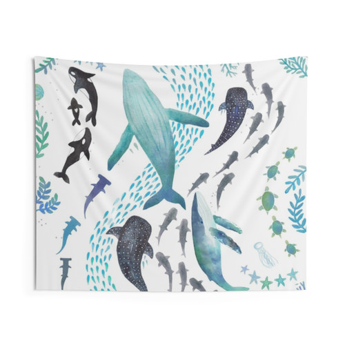Ocean Life Tapestry with Sharks, Whales & Turtles