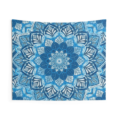 Boho Mandala Tapestry in Blue and White