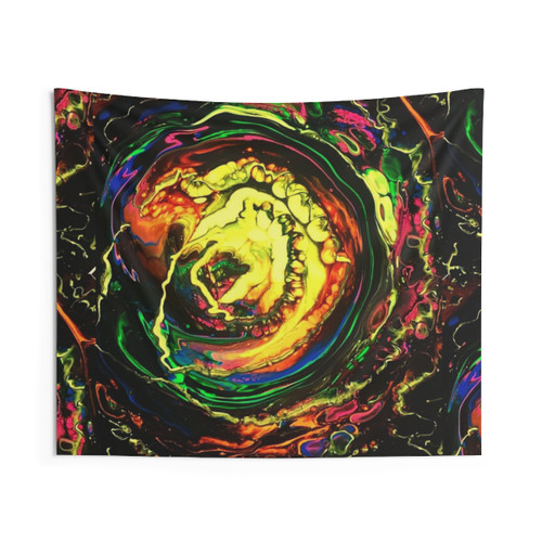Psychedelic tie dye tapestry with swirling cosmic design