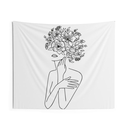 Minimal Line Art Woman with Flower Head Tapestry