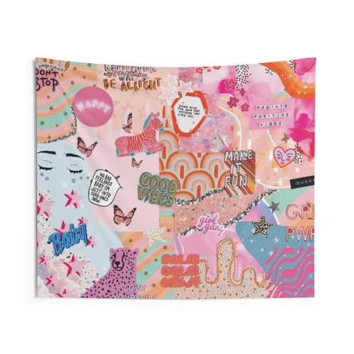 Pink and Blue Girl Power Collage Tapestry