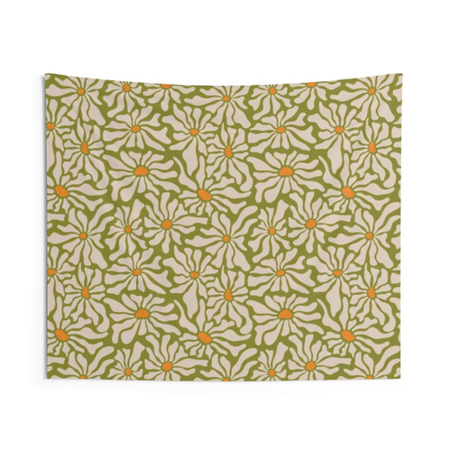 Retro Floral Pattern Tapestry with Light Green Bloom