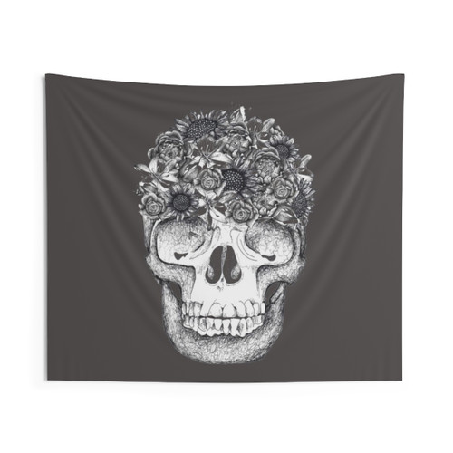 Black White Floral Skull Tapestry Wall Art