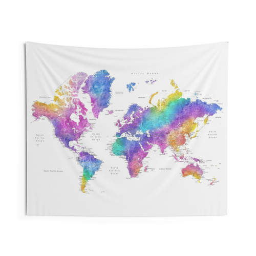 Bright Watercolor World Map Tapestry