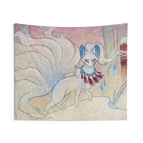 Winter Kitsune Guardian Tapestry - Ethereal Mythological Fantasy Artwork