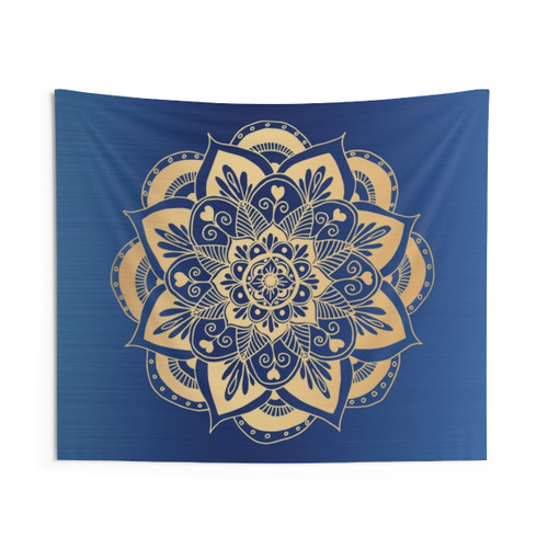 Blue and Gold Floral Mandala Tapestry
