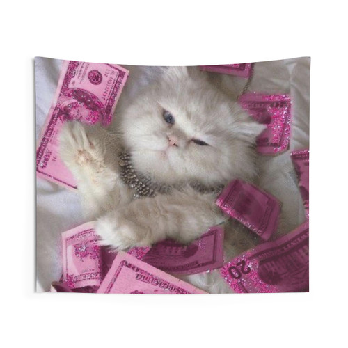 Vibrant cat tapestry with money accents