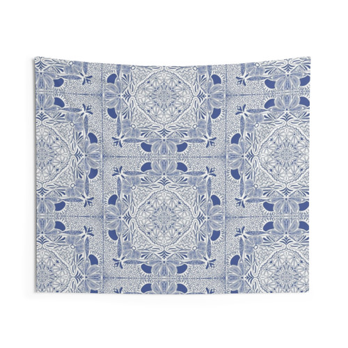 Blue symmetry doodle tapestry with nature elements