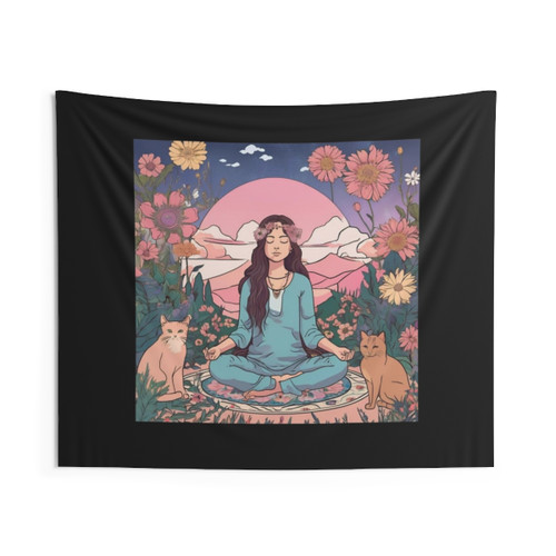 Boho meditation cat tapestry wall hanging