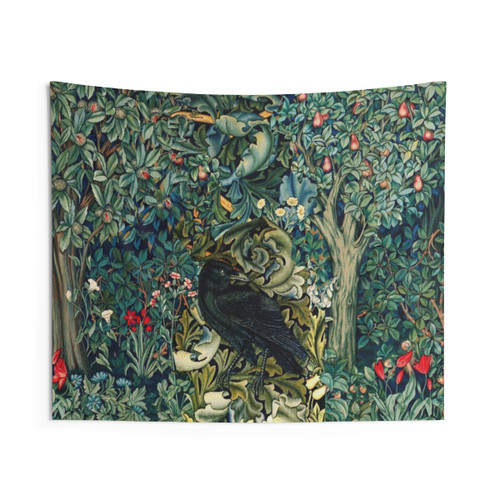 Green Floral Tapestry with Raven on Acanthus Leaves