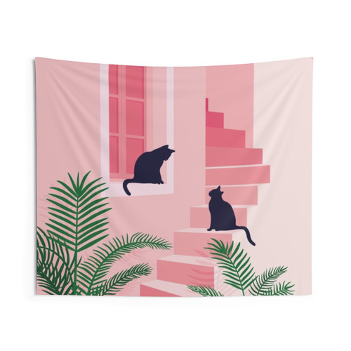 Boho Cat Tapestry with Pink Stairs