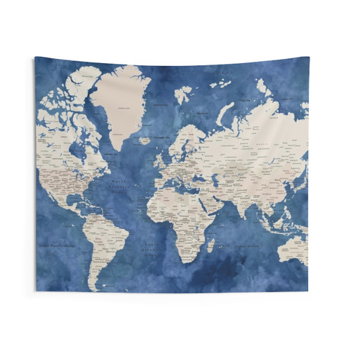 Navy blue watercolor world map tapestry