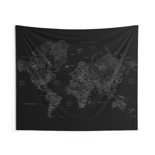 Black world map tapestry with detailed city labels