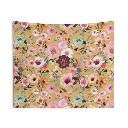 Mustard Gold Floral Tapestry with Vintage Watercolor Flowers