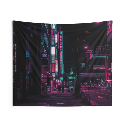 Futuristic Japan Tapestry featuring neon lights and cyberpunk-inspired street scene