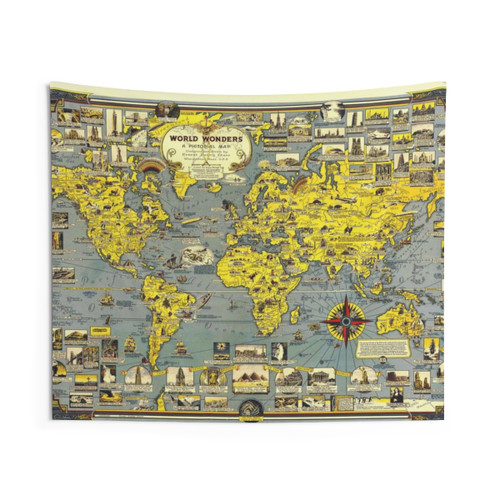 Vintage World Map Tapestry featuring Wonders of the World