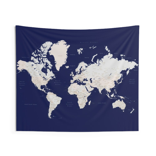 Detailed navy blue and light brown world map tapestry