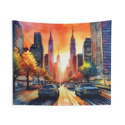 City Skyline Sunset Tapestry Wall Art