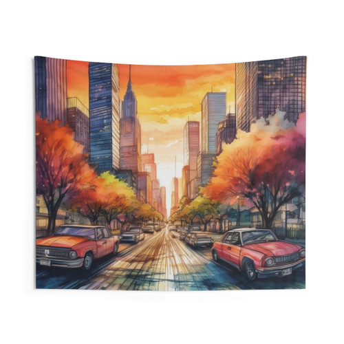 Retro Sunset City Street Tapestry - Vibrant Watercolour Skyline