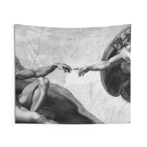 Black and White Creation of Adam Painting Tapestry