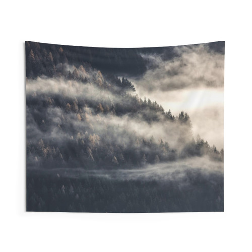 Foggy Forest Tapestry with Mountain Landscape