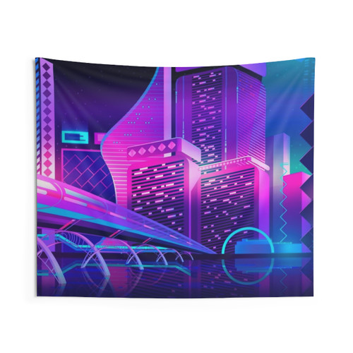 Synthwave Neon City Tapestry - Retro Space Wall Decor