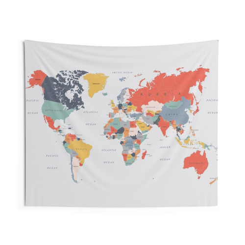 World Map Tapestry in Teal, Blue, Yellow, and Coral