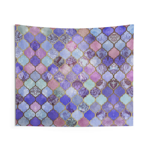 Decorative Moroccan tile pattern tapestry in shades of purple and mauve