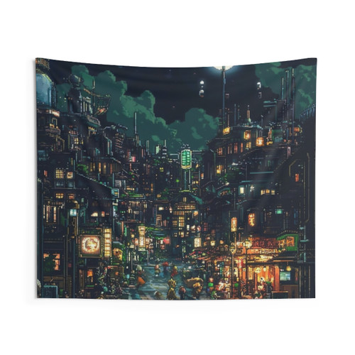 Cyberpunk City Moonlit Night Tapestry