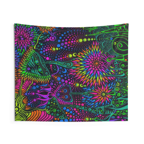 Vibrant psychedelic mushroom tapestry with glowing neon colors